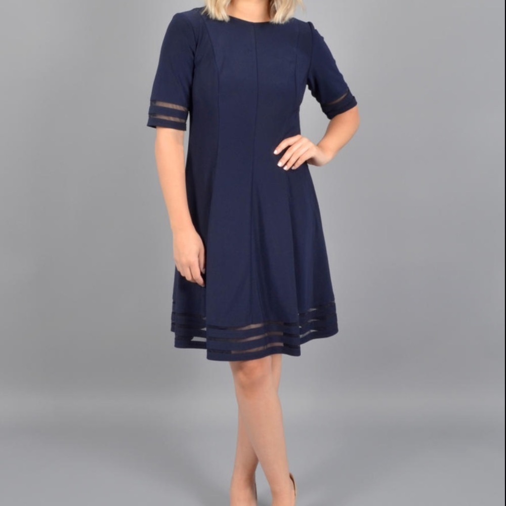 Eliza J Fit and Flare Mesh Inset Dress in Navy Size 10 Wedding Preppy